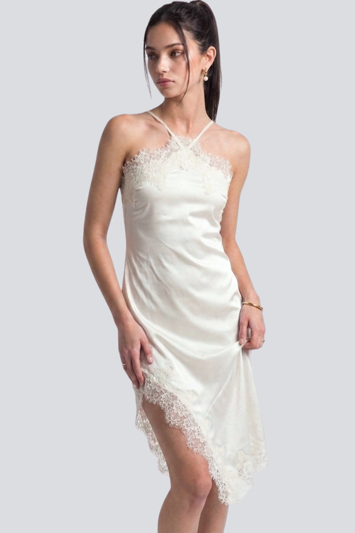 Halsey Halter-neck Lace Trim Midi Slip Dress