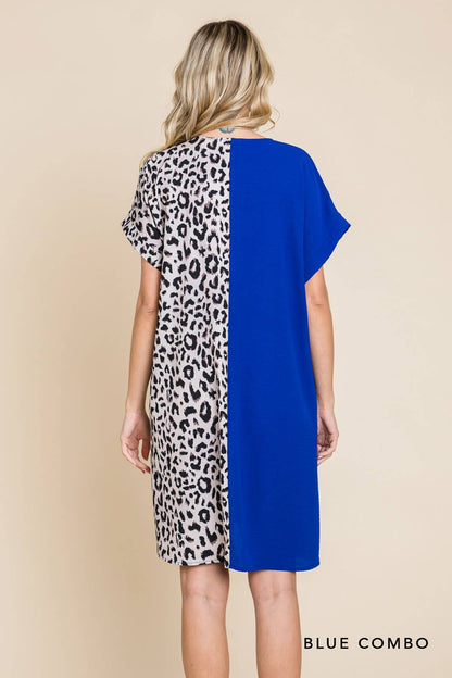 20346W-Air Flow & Leopard Print  Color Block V Neck Dress