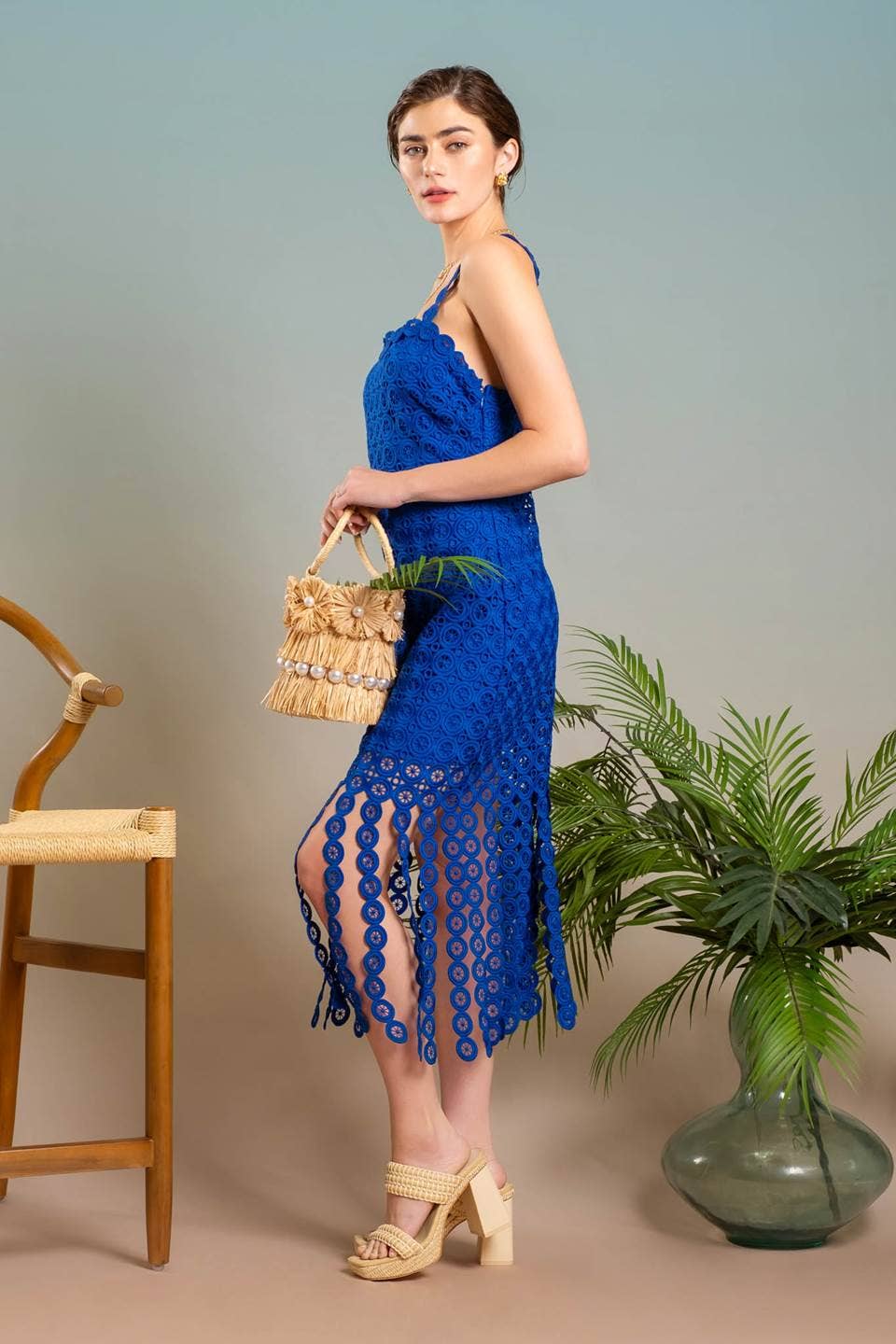 Isis EYELET LACE FRINGE MIDI DRESS
