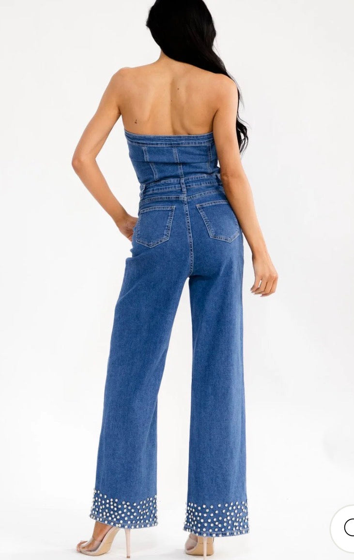 Diana denim romper with rhinestones