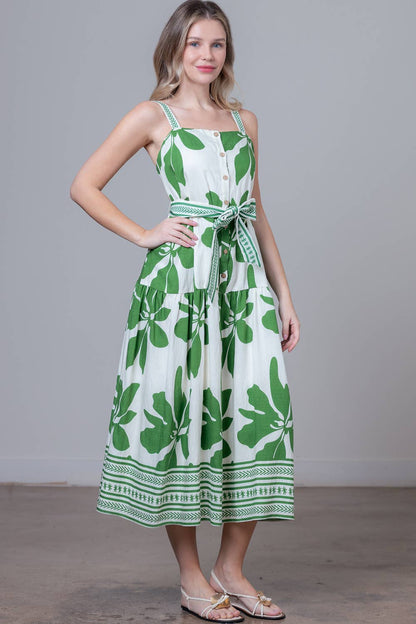 IVY SLEEVELESS BUTTON DOWN BELTED MIDI DRESS