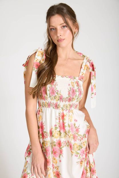 Phoebe floral TIE STRAP SMOCKED BORDER PRINT MIDI DRESS