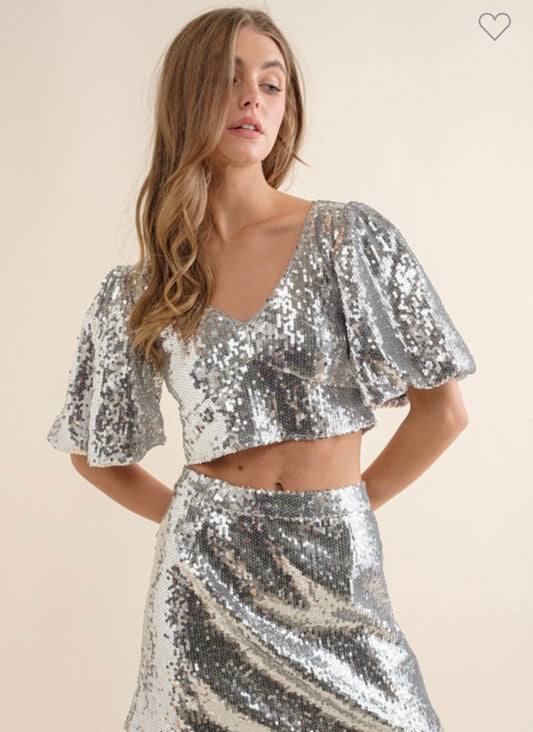 Sequin tie back top with mini skirt set