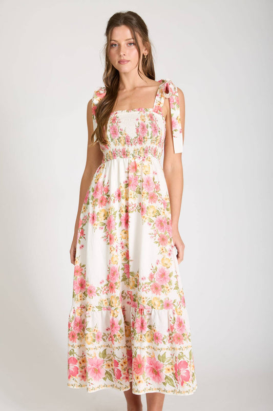 Phoebe floral TIE STRAP SMOCKED BORDER PRINT MIDI DRESS