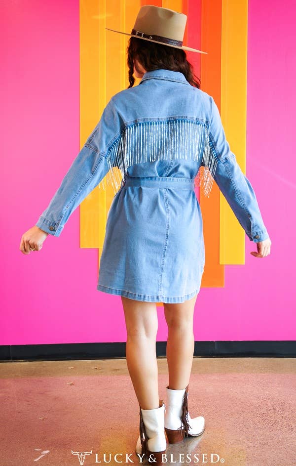 Denim Rhinestone Fringe Long Sleeve Belted Dress