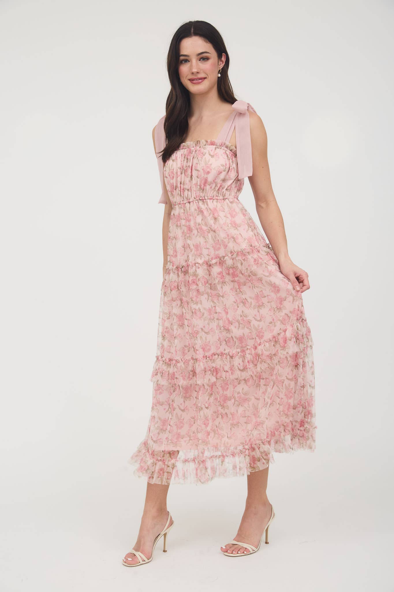 FAITH FLORAL TIE STRAP RUFFLE TRIM TIERED MAXI DRESS