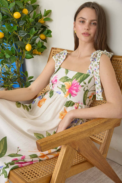 Florence FLORAL TIE STRAP DETAIL EMPIRE WAIST MIDI DRESS