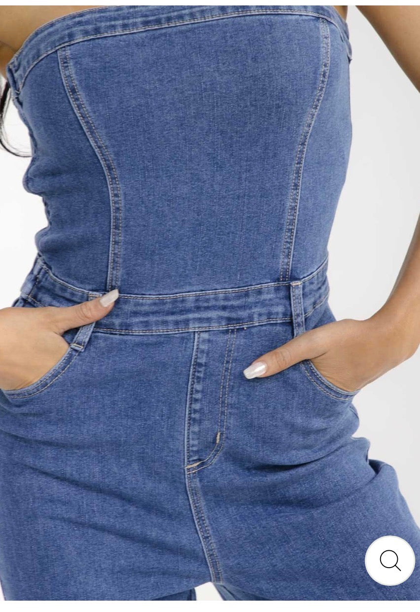 Diana denim romper with rhinestones
