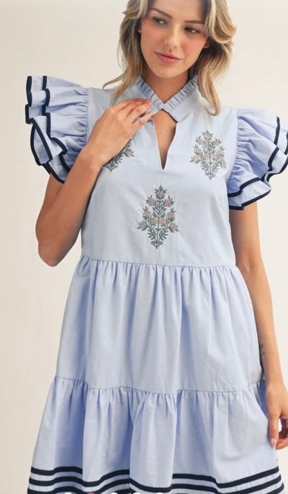 Elle embroidered ruffle sleeve dress