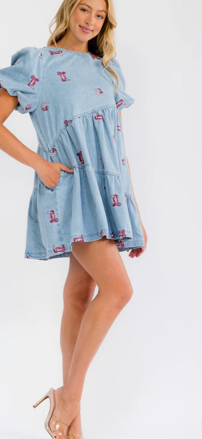 Lucky boots embroidered denim dress