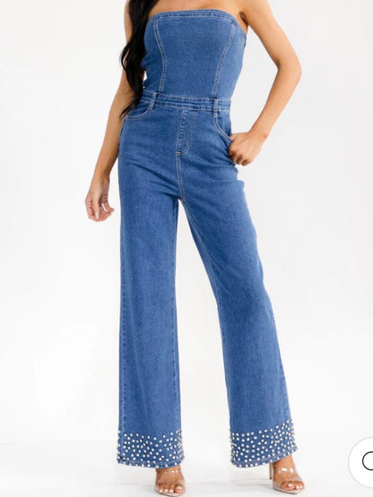 Diana denim romper with rhinestones