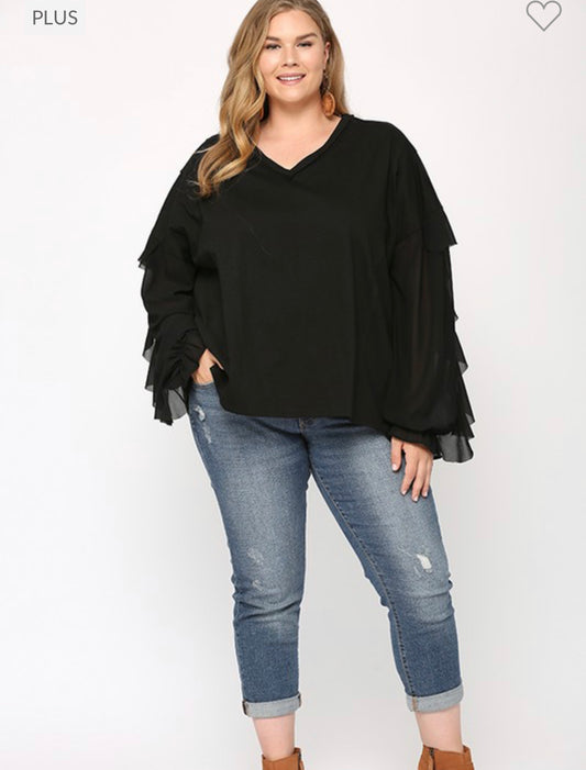 PLUS KNIT AND WOVEN RUFFLE SLEEVE MIXED TOP