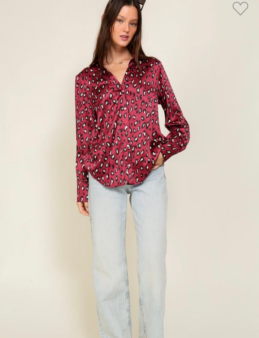 Liza leopard satin button down shirt