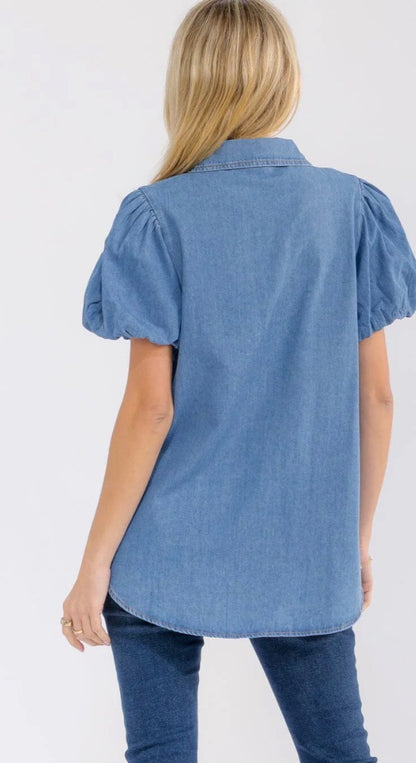 Rihanna rhinestone denim button down puff sleeve top