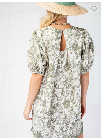 Presley pleated round neck puff sleeve dress