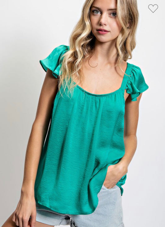 RUFFLE STRAP SATIN TOP - EMERALD