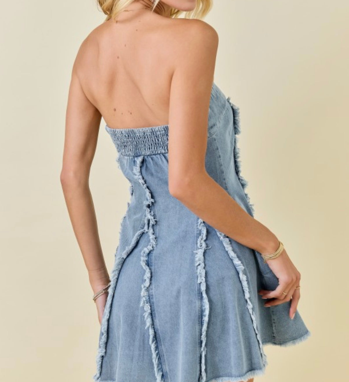 Raya raw edge denim strapless dress