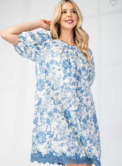 Presley pleated round neck puff sleeve dress