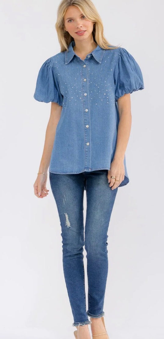 Rihanna rhinestone denim button down puff sleeve top