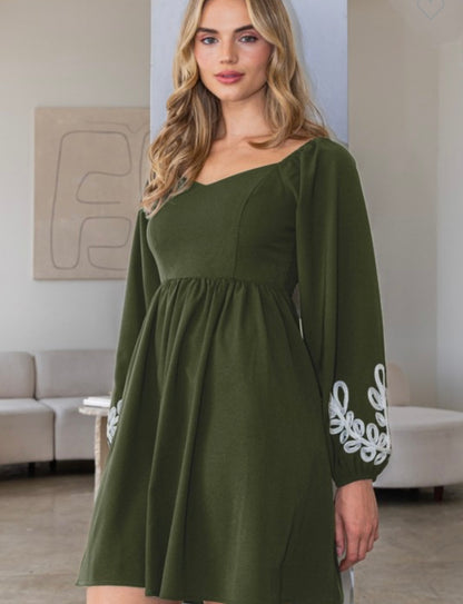 Olive embroidered bubble sleeve dress