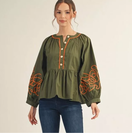 Olive oil embroidered top