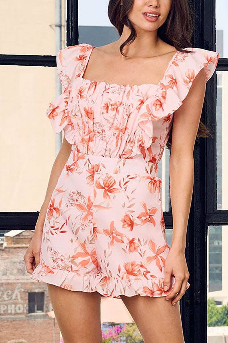 SLEEVELESS RUFFLE SQUARE NECK FLORAL ROMPER