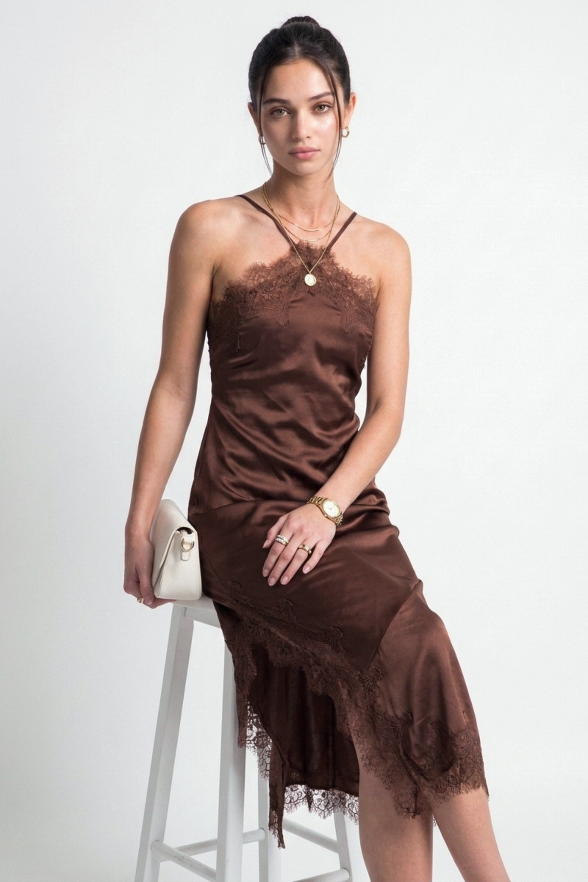 Halsey Halter-neck Lace Trim Midi Slip Dress