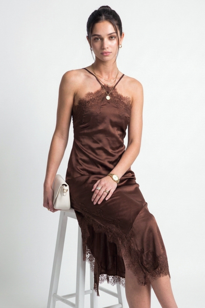 Halsey Halter-neck Lace Trim Midi Slip Dress