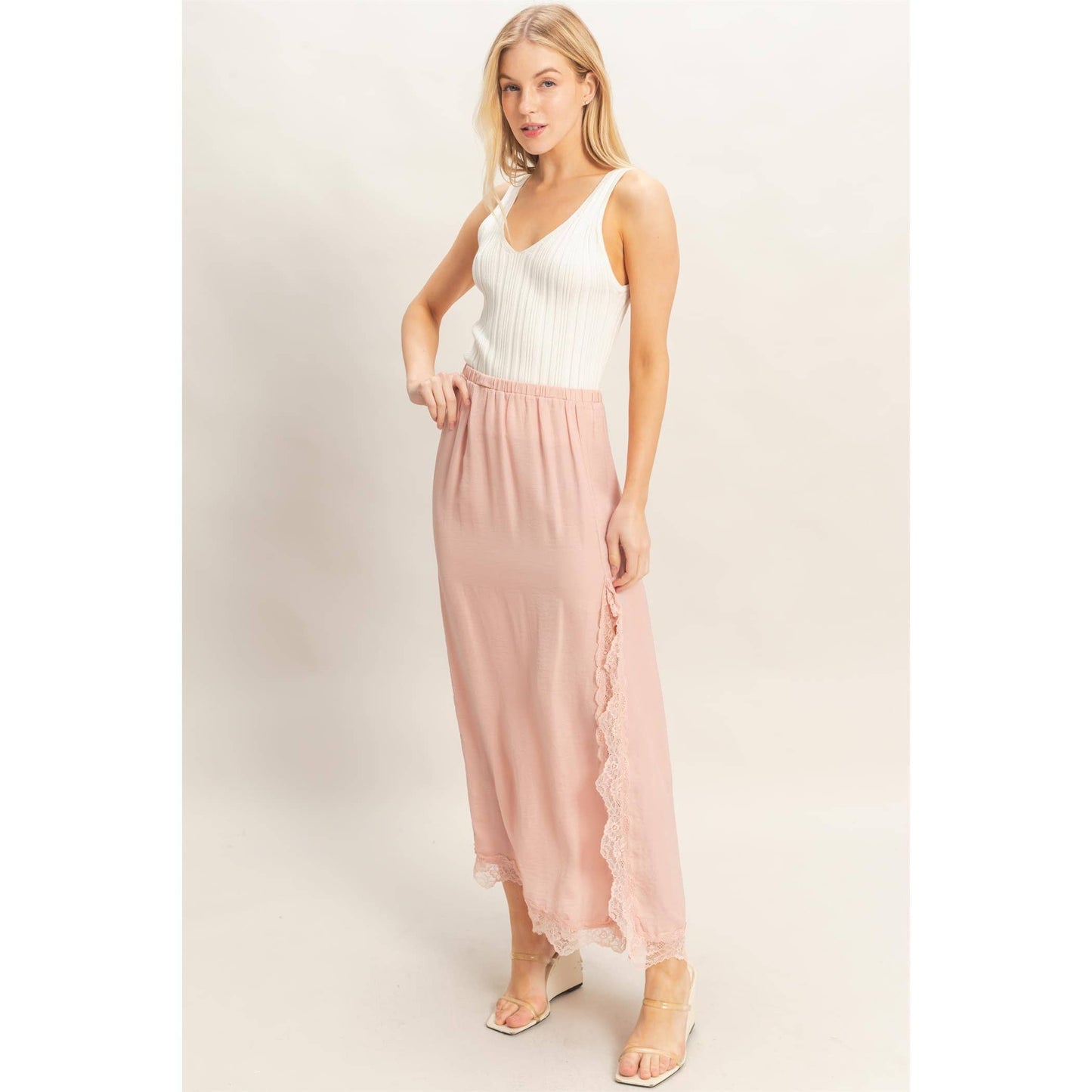 Skirt With Front Slit And Lace Hem