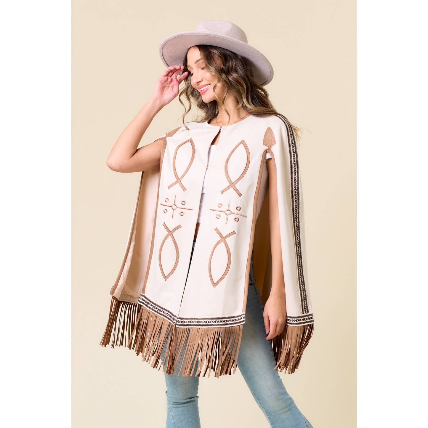 Carrie CREAM FRINGED CAPE WITH EMBROIDERY