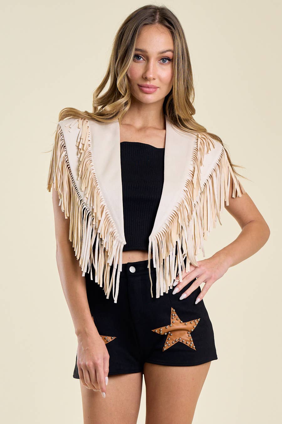 SIJ5247A CREAM WESTERN FRINGE SUEDE COLLAR / SHRUG