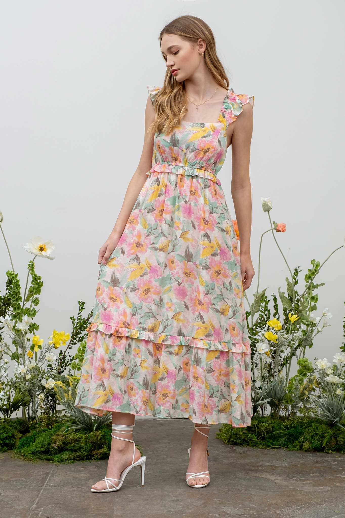 WATERCOLOR FLORAL PRINT RUFFLE MIDI DRESS