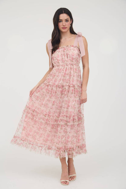 FAITH FLORAL TIE STRAP RUFFLE TRIM TIERED MAXI DRESS
