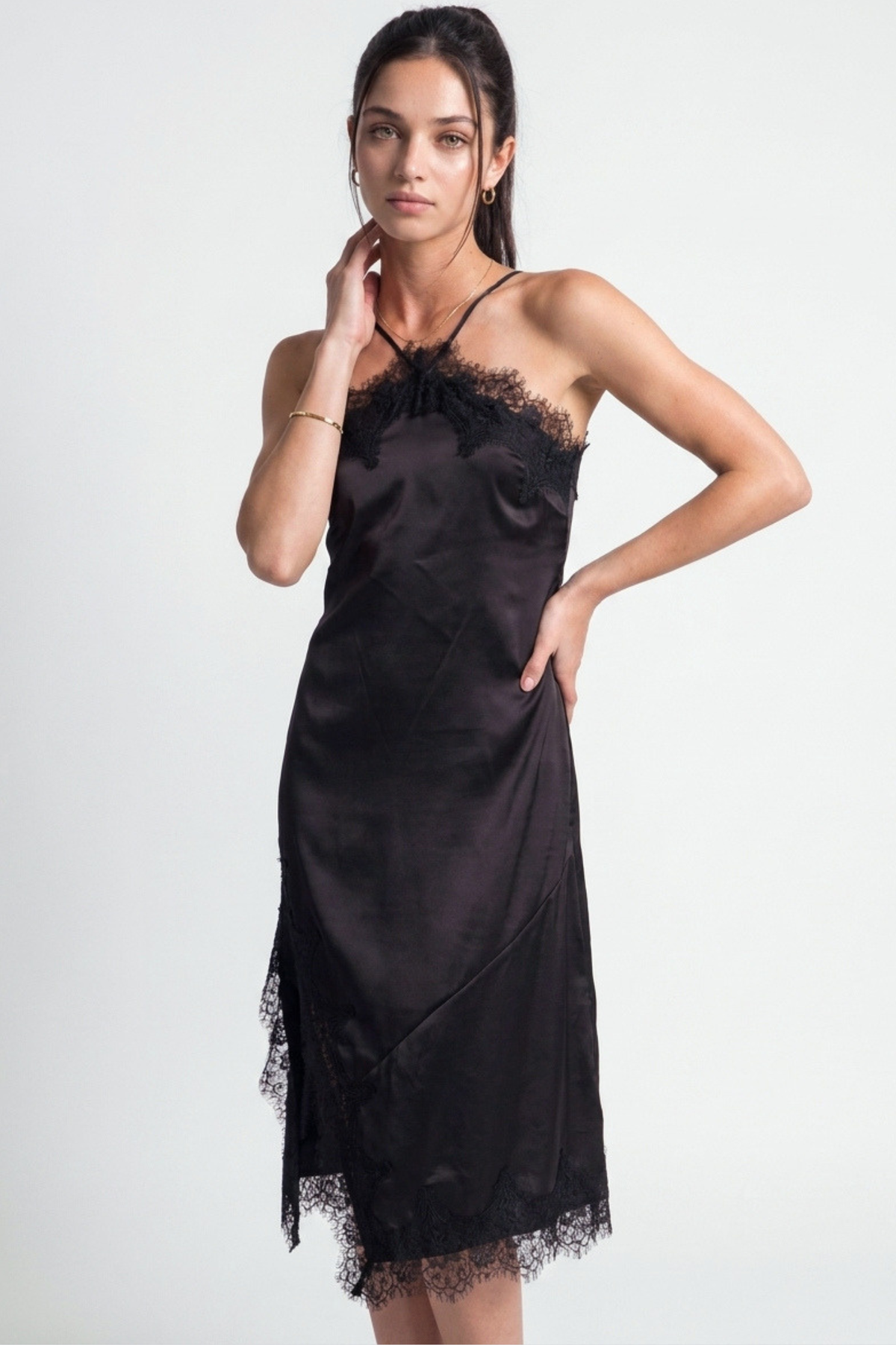 Halsey Halter-neck Lace Trim Midi Slip Dress