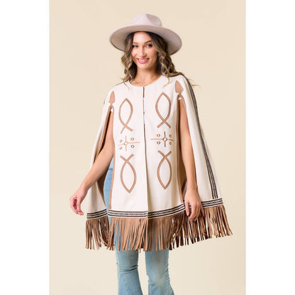 Carrie CREAM FRINGED CAPE WITH EMBROIDERY