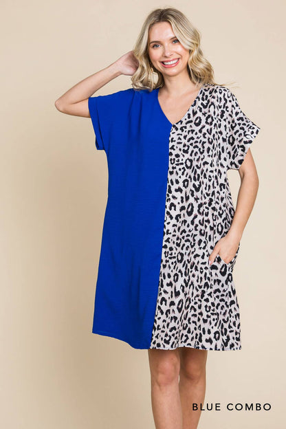 20346W-Air Flow & Leopard Print  Color Block V Neck Dress