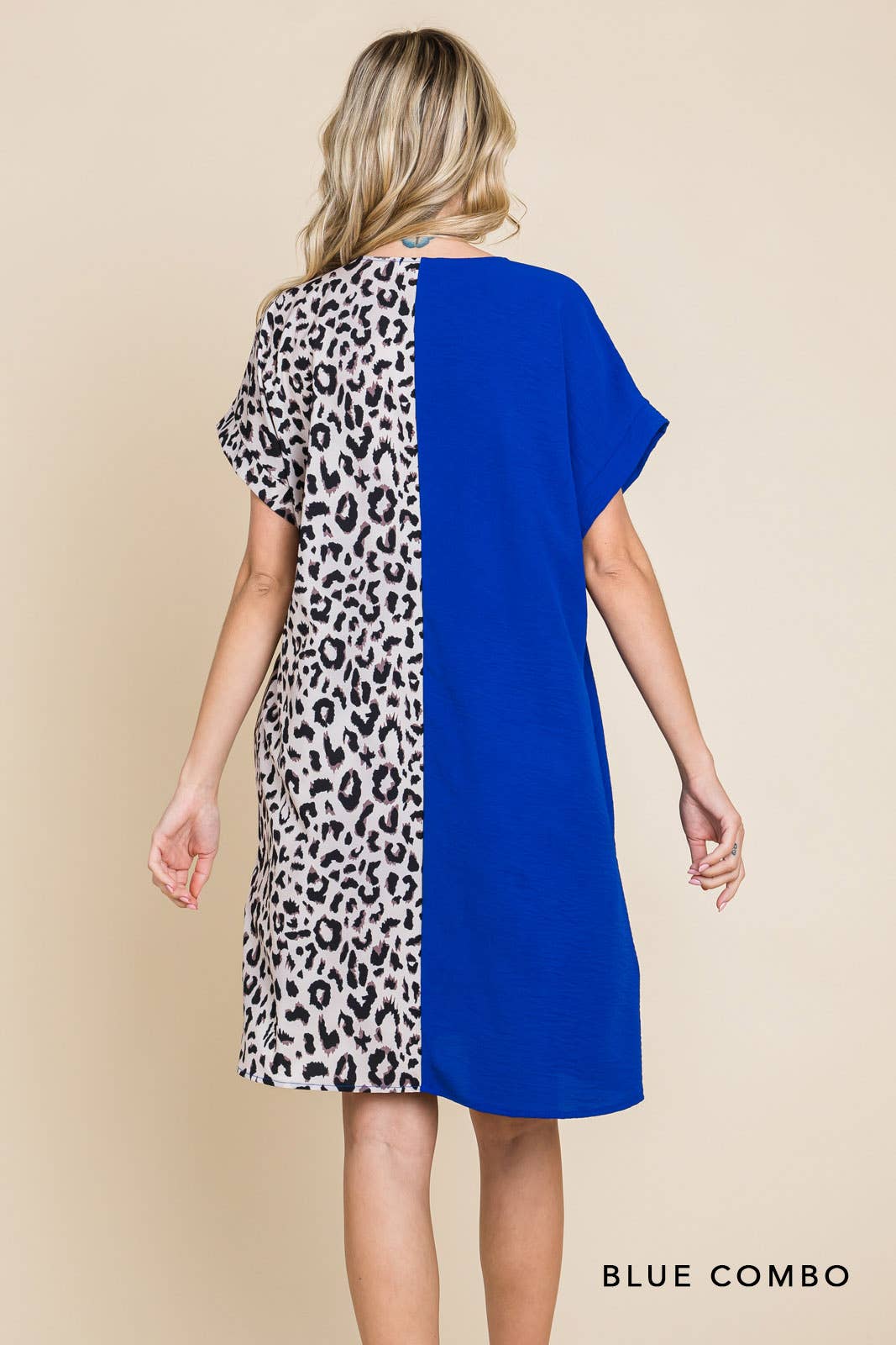 20346W-Air Flow & Leopard Print  Color Block V Neck Dress
