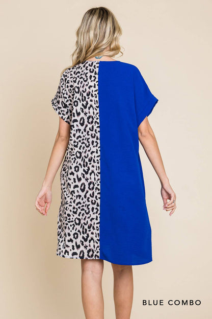 20346W-Air Flow & Leopard Print  Color Block V Neck Dress