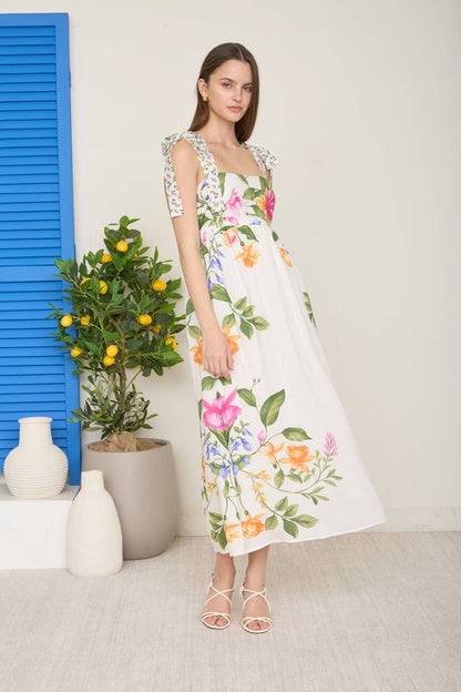 Florence FLORAL TIE STRAP DETAIL EMPIRE WAIST MIDI DRESS