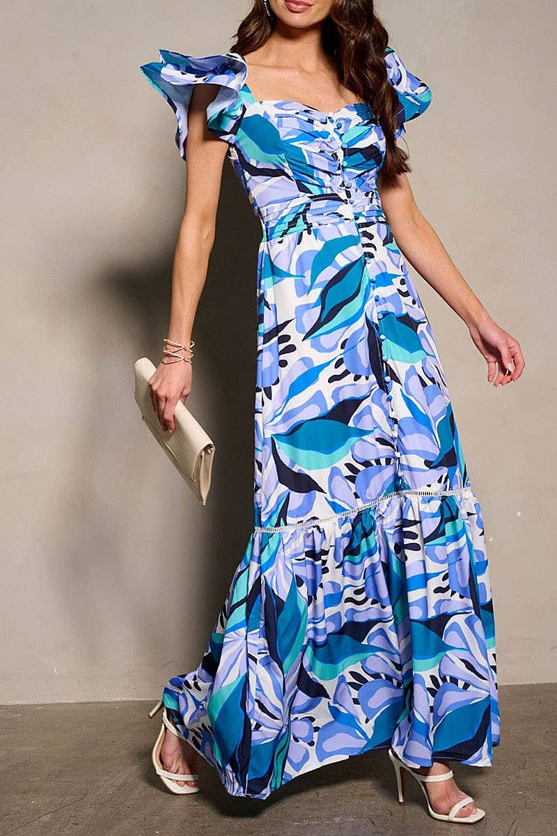 SHORT RUFFLE SLEEVE V-NECK FLORAL MAXI DRESS