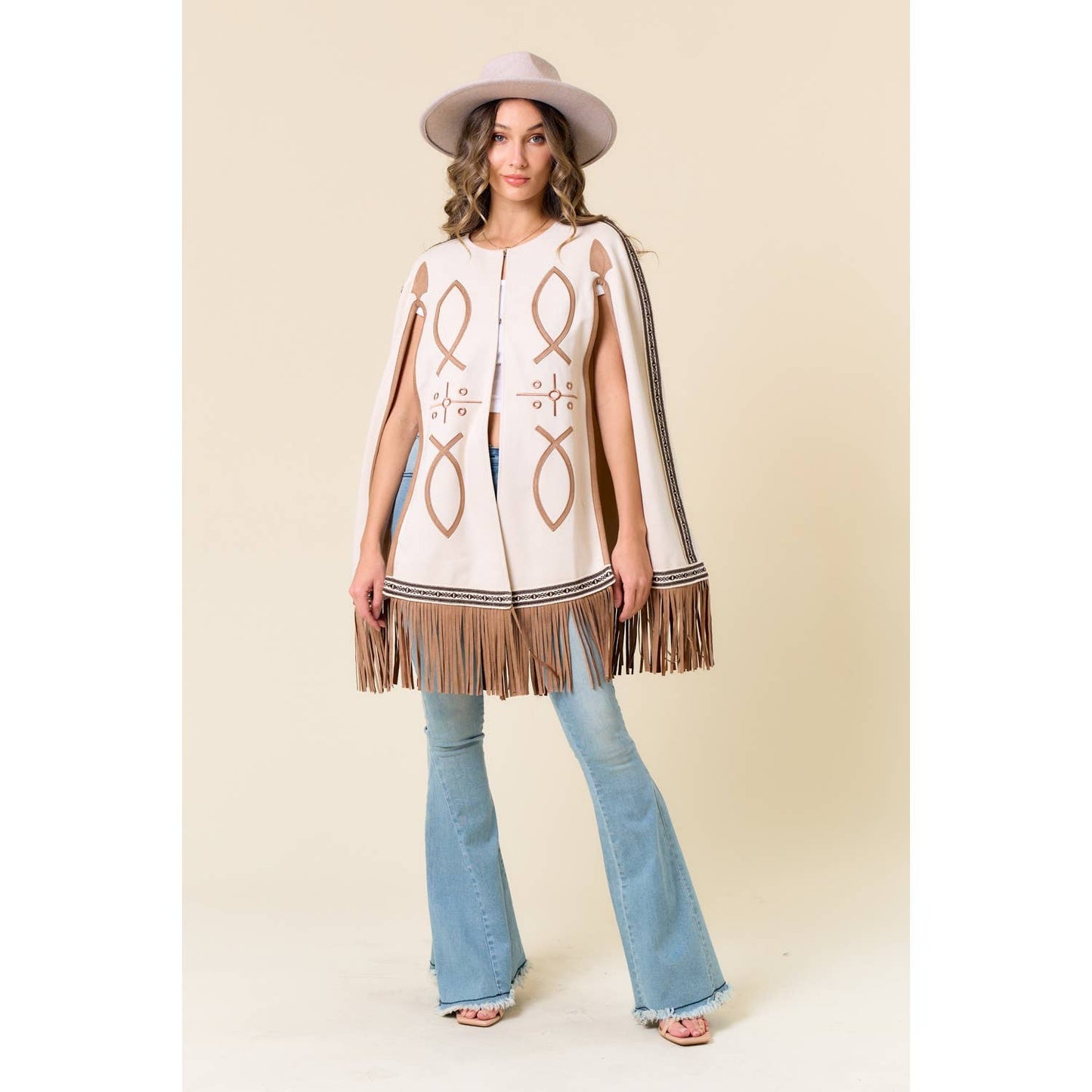 Carrie CREAM FRINGED CAPE WITH EMBROIDERY