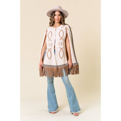 Carrie CREAM FRINGED CAPE WITH EMBROIDERY