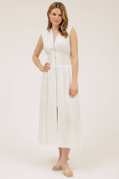 Sylvia SLEEVELESS ZIP-UP SMOCKED WAIST MIDI DRESS