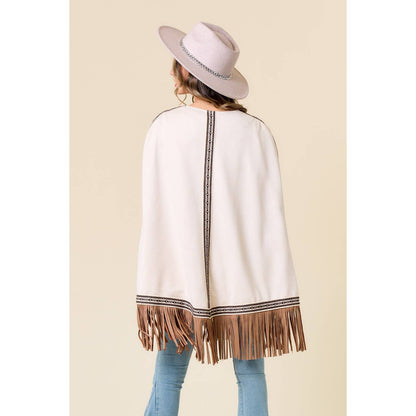 Carrie CREAM FRINGED CAPE WITH EMBROIDERY