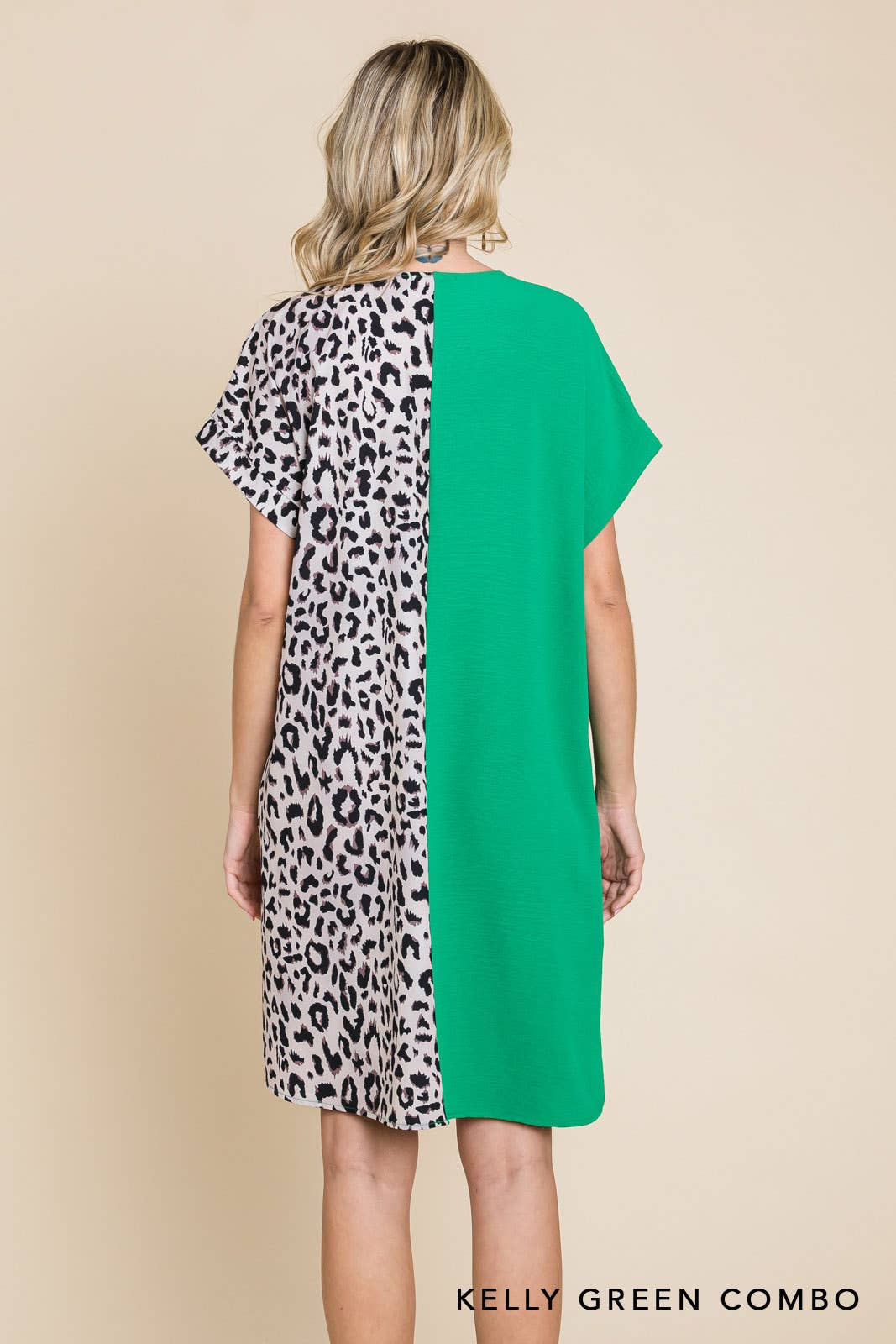 20346W-Air Flow & Leopard Print  Color Block V Neck Dress
