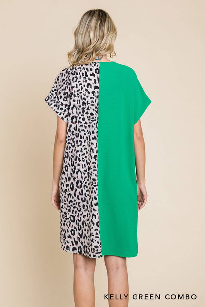 20346W-Air Flow & Leopard Print  Color Block V Neck Dress
