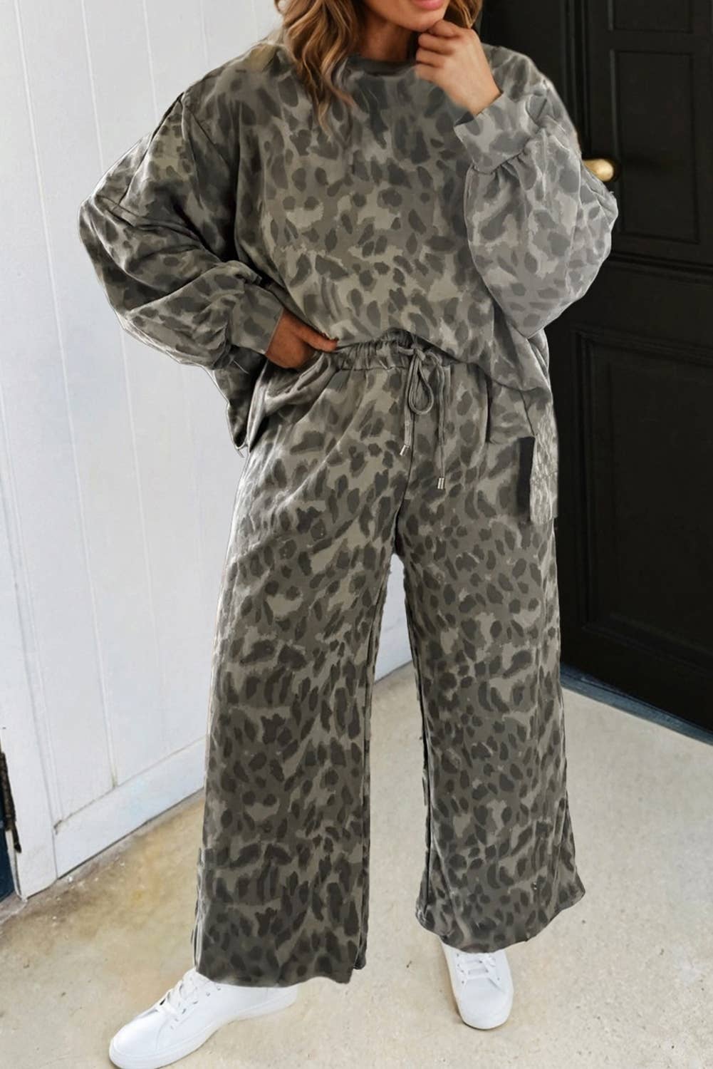 Leopard Print Patchwork Pullover Drawstring Loose Pant Set