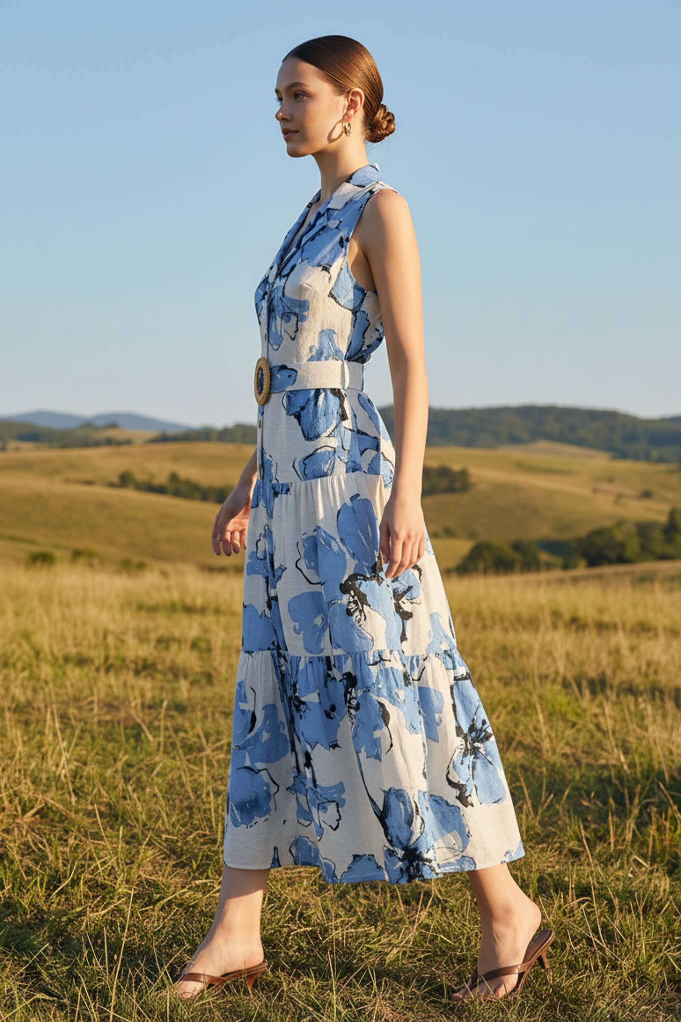 Talle PRINTED SLEEVELESS LONG DRESS WITH BELT