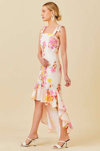 Floral Printed High-Low Ruffled Dress