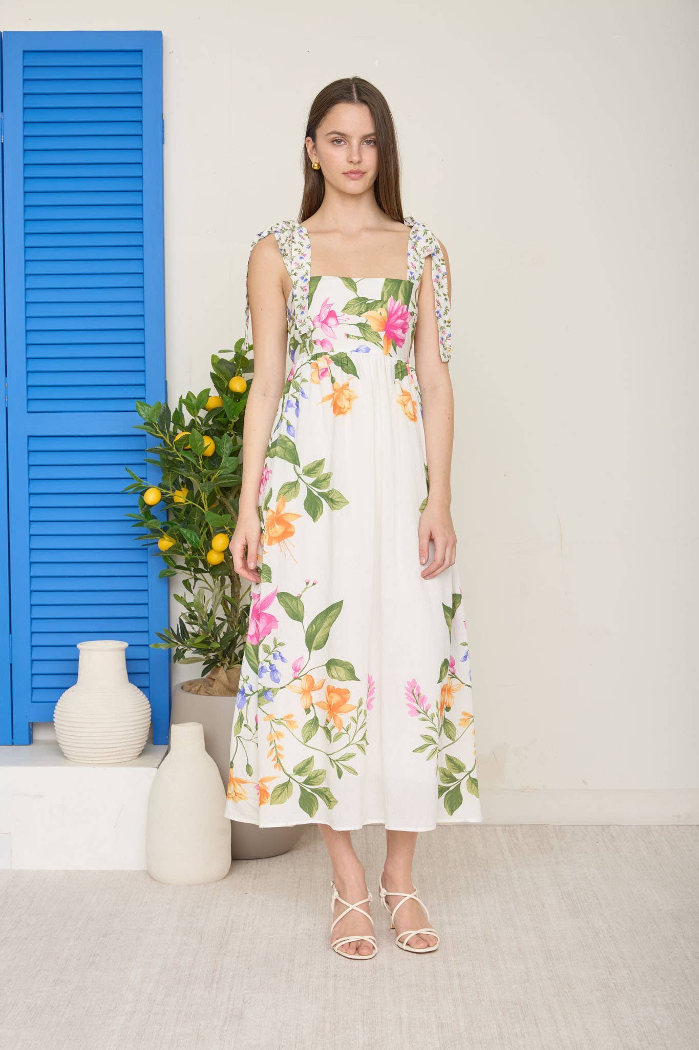 Florence FLORAL TIE STRAP DETAIL EMPIRE WAIST MIDI DRESS
